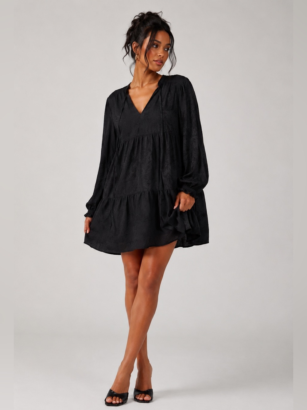 Zara Black V-Neck Tiered Long-Sleeve Coquette Mini Dress Sz Large